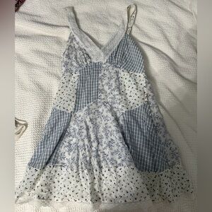 American Eagle Outfitters Blue and White Patchwork Mini Dress